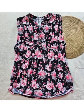 *4 for $25* French Twist Floral Sleeveless Top - Black and Pink